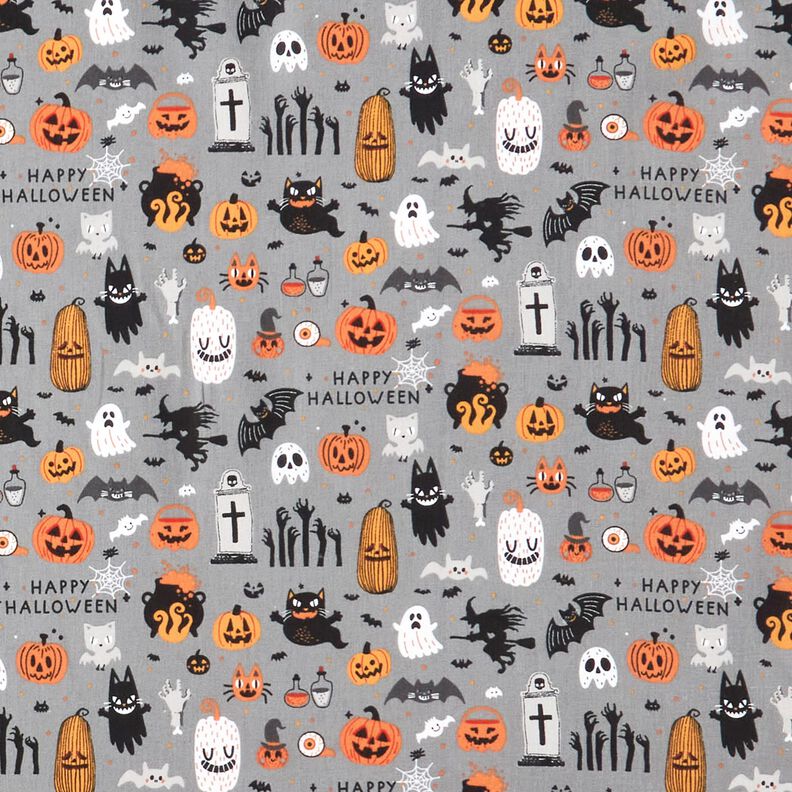 Tecido de algod&atilde;o Popelina Happy Halloween &ndash; elefante cinzento/laranja-claro,  image number 1