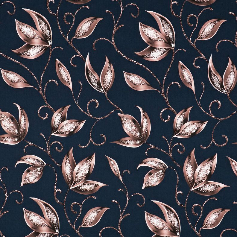 Jersey de algodão Folhas cintilantes | Glitzerpüppi – azul-noite/rosa-velho escuro,  image number 1