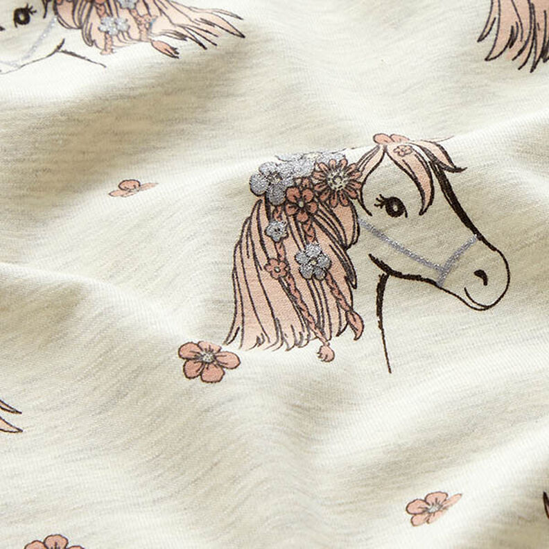 Jersey de algodão Brilho Cavalos e florzinhas – natural/prateado,  image number 2