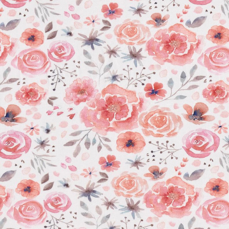Jersey de algodão Rosas em aguarela – branco/rosa,  image number 1