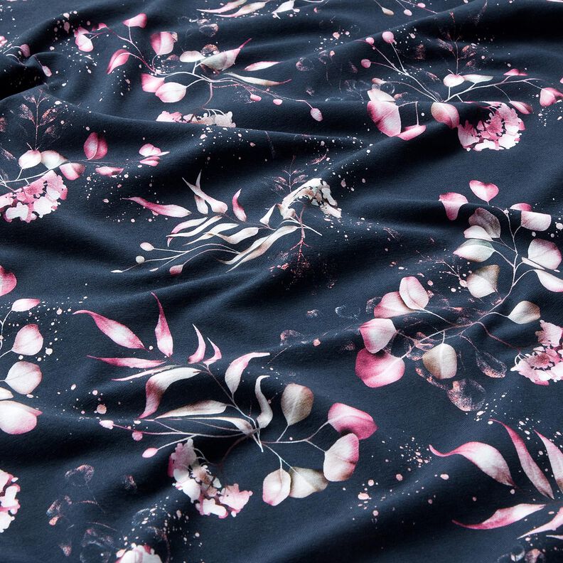 Jersey de algodão Eucalipto e hortênsias | Glitzerpüppi – azul-noite/rosa,  image number 2