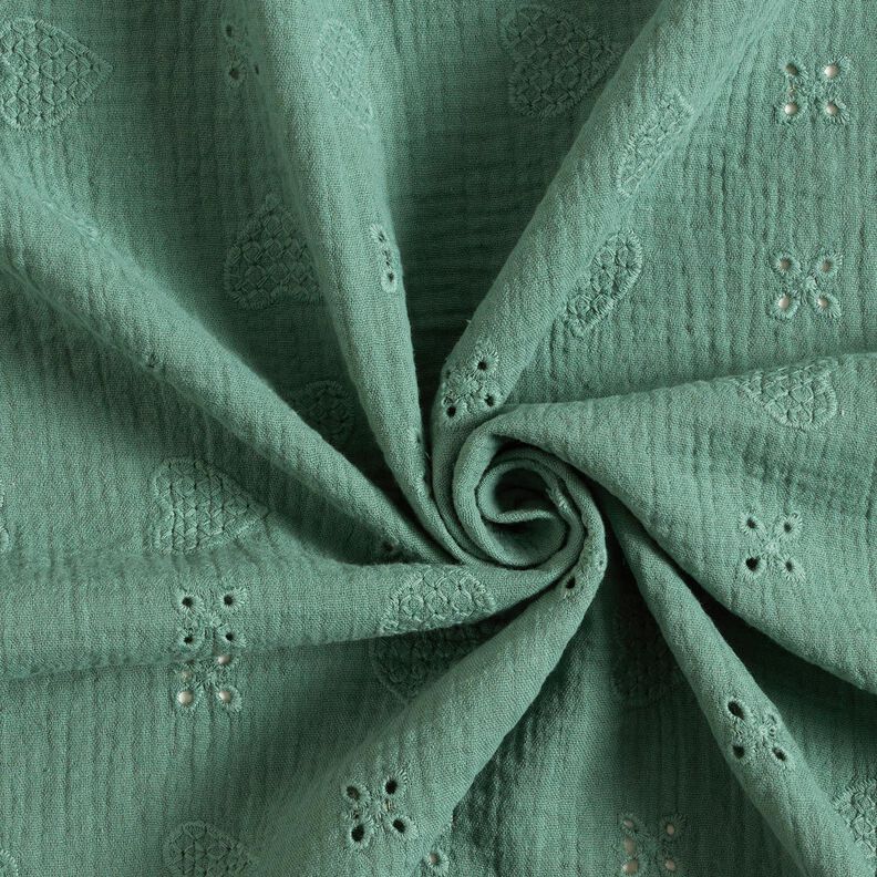 Musselina/ Tecido plissado duplo Bordado inglês Corações – pinheiro azul,  image number 3