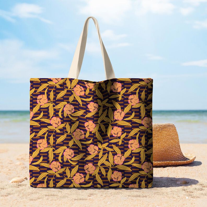 Tecido para decoração Meio linho Panamá Flores multicor – beringela/laranja-claro,  image number 7