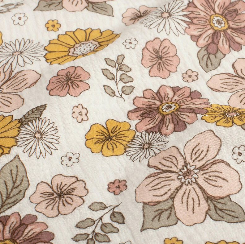 Musselina/ Tecido plissado duplo Flores Retro – branco,  image number 2