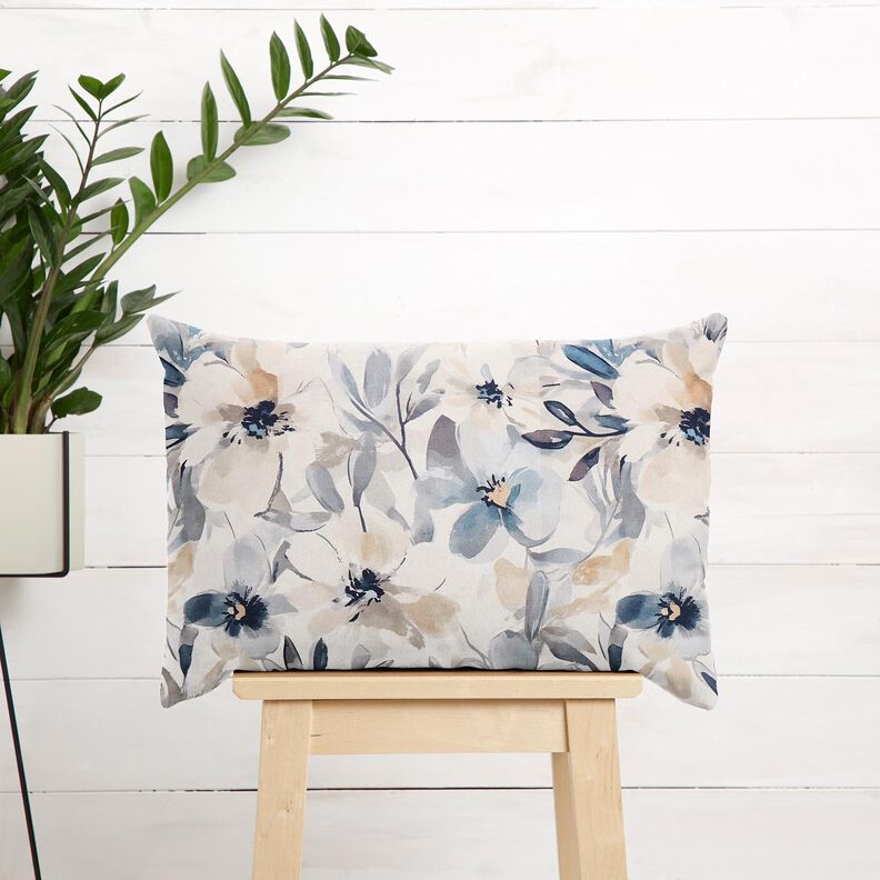 Tecido para decoração Meio linho Panamá Flores grandes – amêndoa/azul,  image number 7