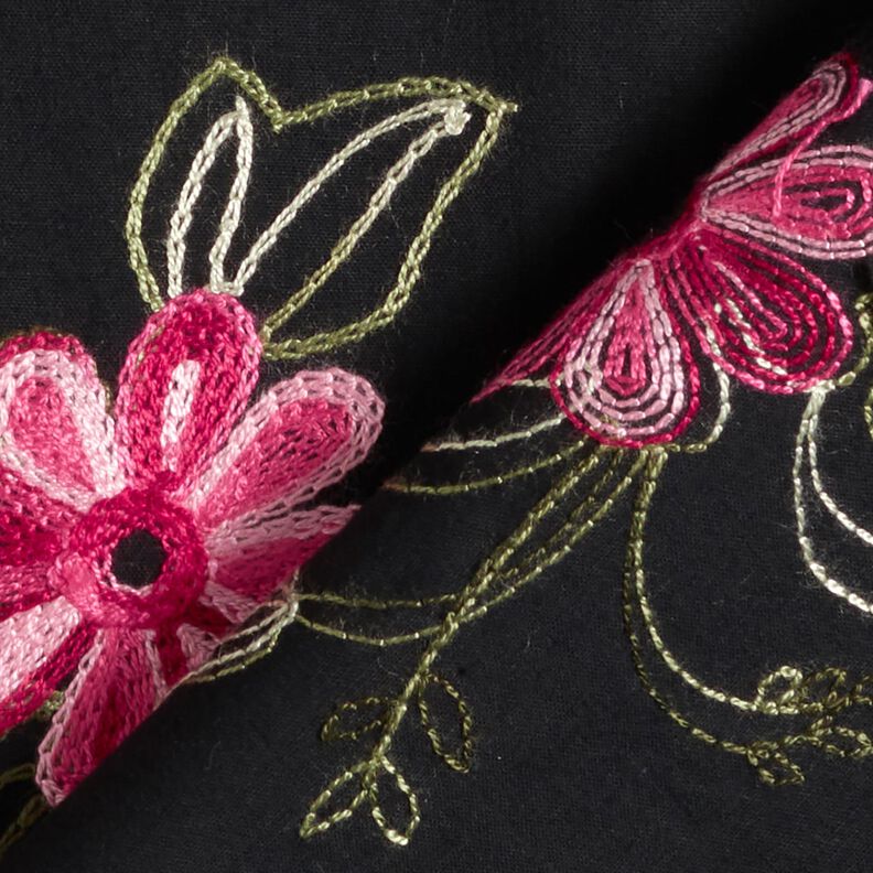 Popelina de algodão Bordado Ramos de flores – preto/baga,  image number 4