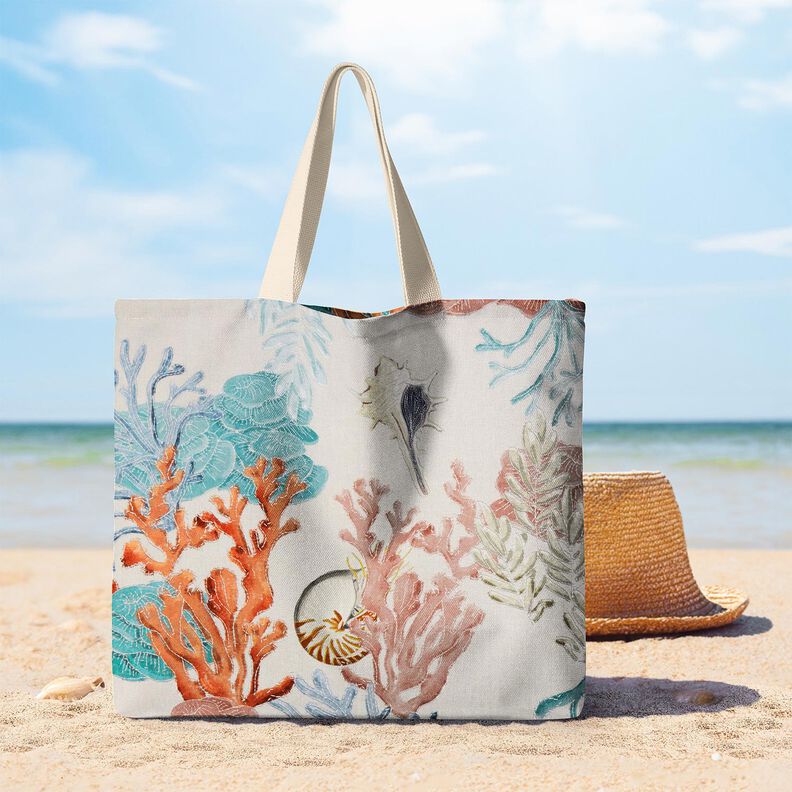 Tecido para decoração Meio linho Panamá Corais coloridos – taupe claro/azul marinho,  image number 9