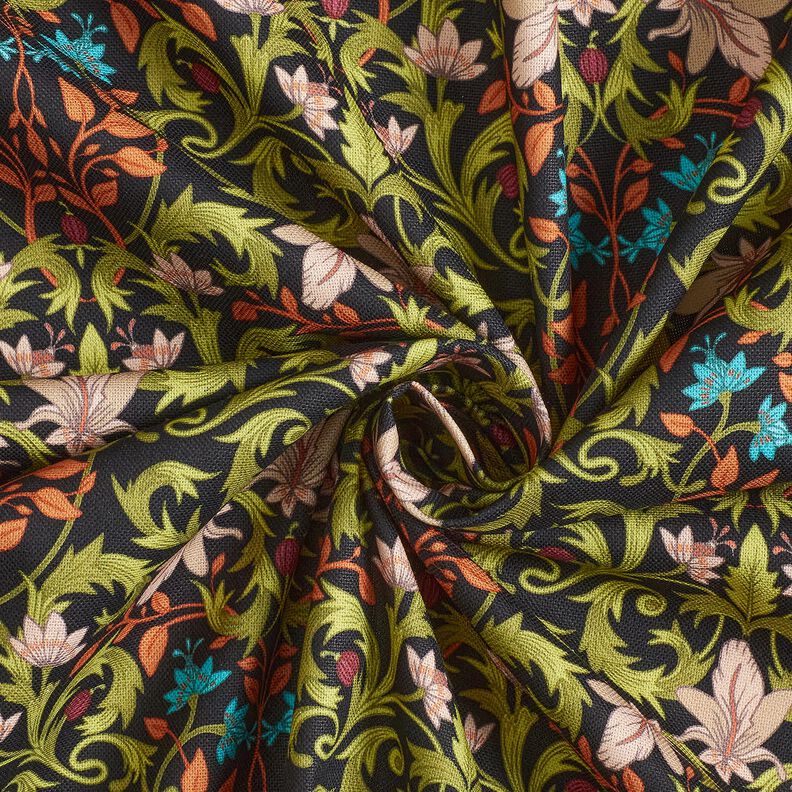 Tecido para decoração Meio linho Panamá Ornamentos de folhas – preto/verde-pinheiro,  image number 3