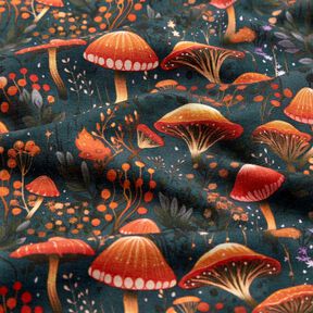 French Terry Sweat de verão Floresta mágica de cogumelos Impressão Digital – verde escuro, 