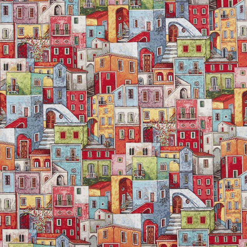 Tecido para decoração Gobelina Pequena cidade colorida – carmin/azul,  image number 1