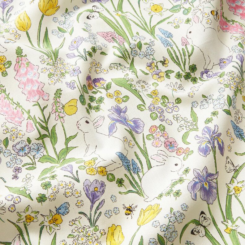 Tecido para decoração Meio linho Panamá Coelhinhos num prado florido – marfim/rosa-claro,  image number 2