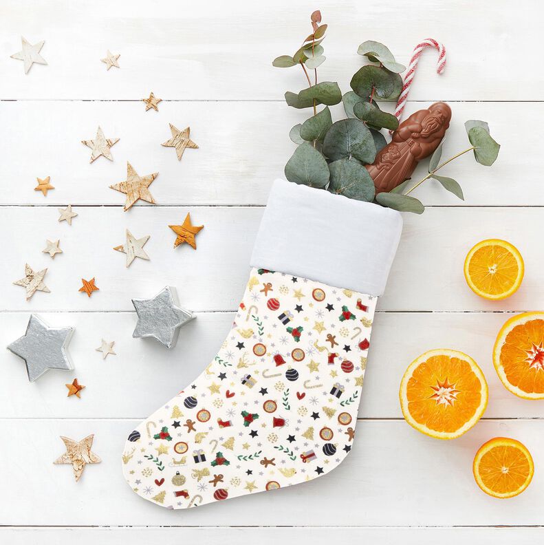 Tecido de algodão Popelina Pequenos desenhos de Natal – bege claro/dourado,  image number 5