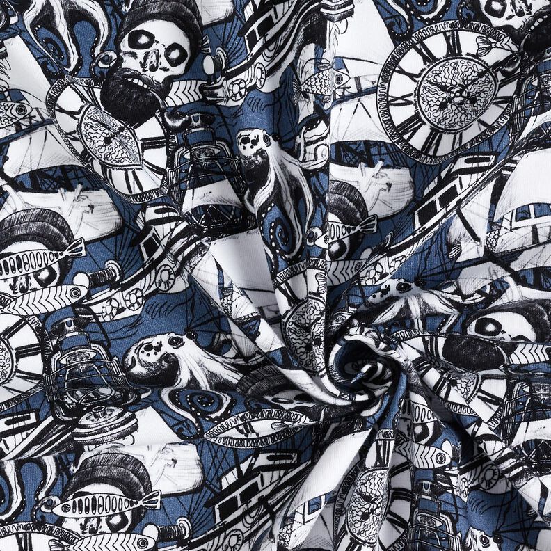 Jersey de algodão Desenhos de tatuagem marítimos Impressão Digital – azul ganga,  image number 3