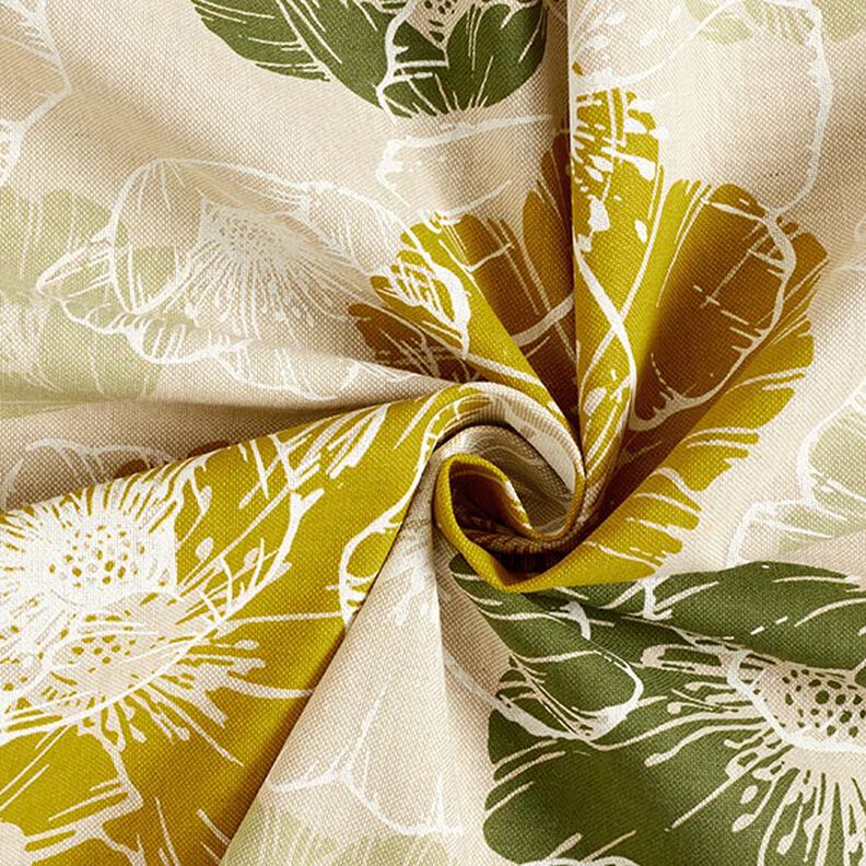 Tecido para decoração Meio linho Panamá Flores imponentes – amarelo-azeitona/natural,  image number 3