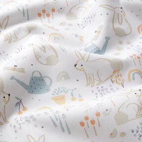 Popelina de algodão Coelhinhos no prado – branco/amêndoa, 