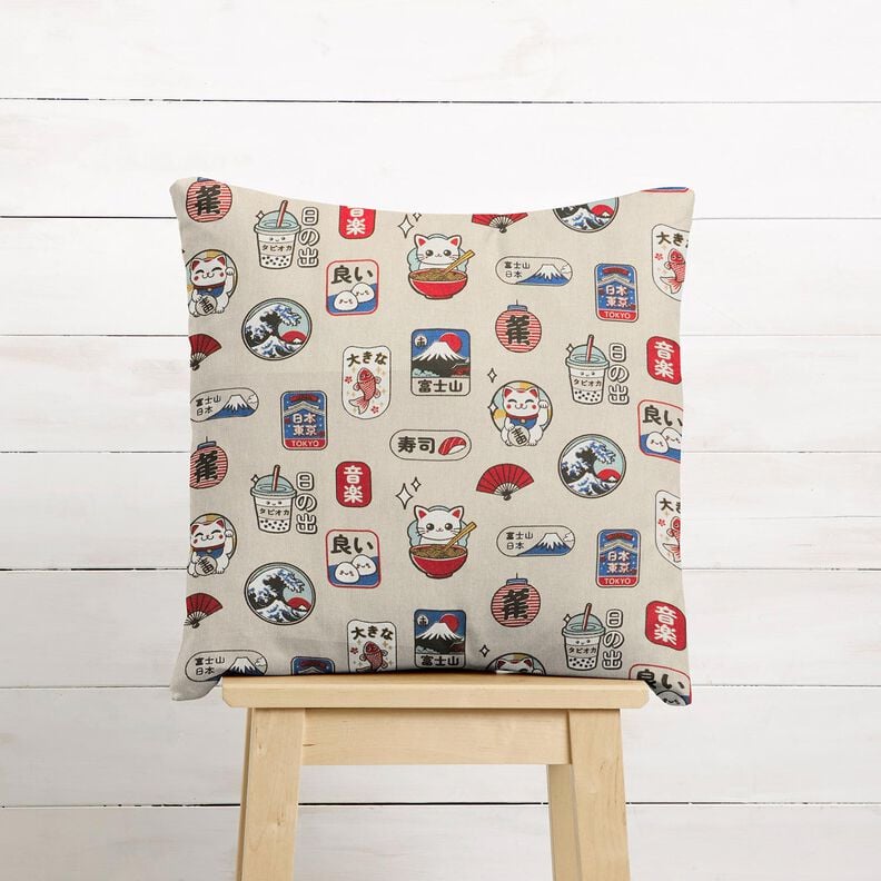 Tecido para decora&ccedil;&atilde;o Meio linho Panam&aacute; Petiscos asi&aacute;ticos &ndash; natural/azul,  image number 7