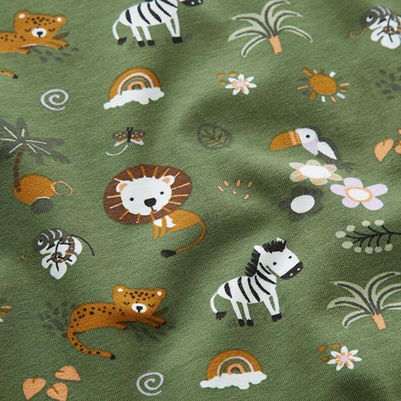 GOTS Jersey de algodão Animais da selva fofos – verde-pinheiro,  image number 2
