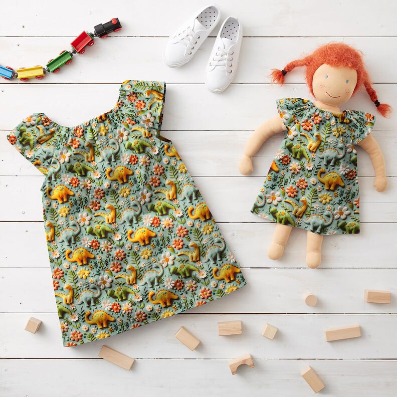 Popelina de algodão Dinossauros de plasticina Impressão Digital – verde amarelado,  image number 8