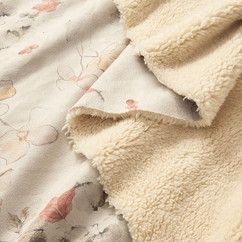 Tecido aveludado elástico com reverso Sherpa Flores delicadas | Katia Fabrics – natural,  image number 2