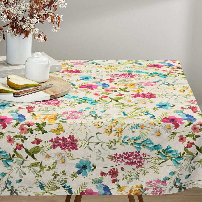 Tecido para decoração Meio linho Panamá Flores dos prados – natural/framboesa,  image number 9