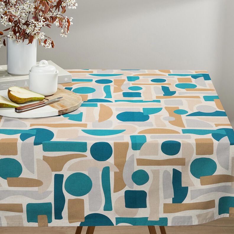 Tecido para decoração Meio linho Panamá Formas abstratas – natural/azul petróleo,  image number 7