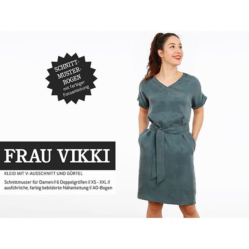 FRAU VIKKI - Vestido solto com decote em V e cinto, Studio Schnittreif  | XS -  XXL,  image number 1