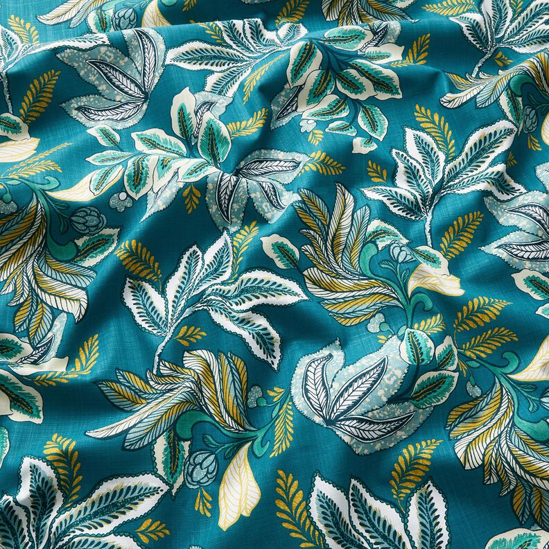 Tecido para decoração Panamá Folhas entrelaçadas – azul petróleo/mostarda,  image number 2