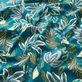 Tecido para decoração Panamá Folhas entrelaçadas – azul petróleo/mostarda, 