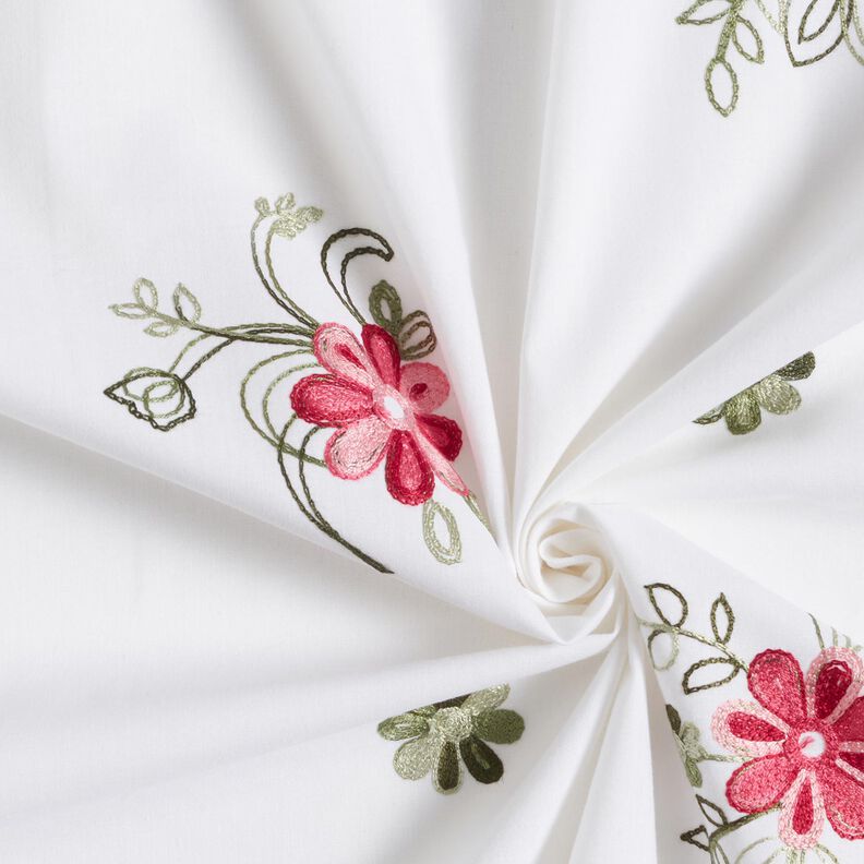 Popelina de algod&atilde;o Bordado Ramos de flores &ndash; branco/baga,  image number 3