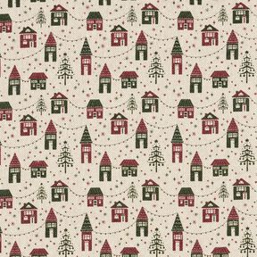 Tecido para decoração Meio linho Panamá Aldeia de inverno – natural/pinheiro escuro, 