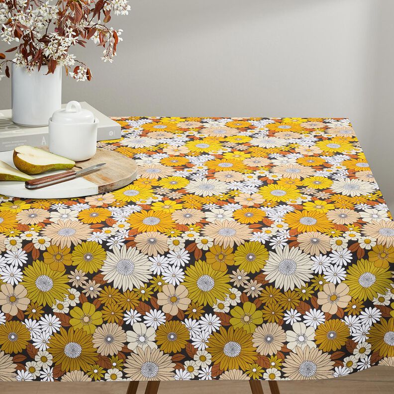 Tecido de algodão Cretone Grandes flores retro – preto/amarelo-sol,  image number 6