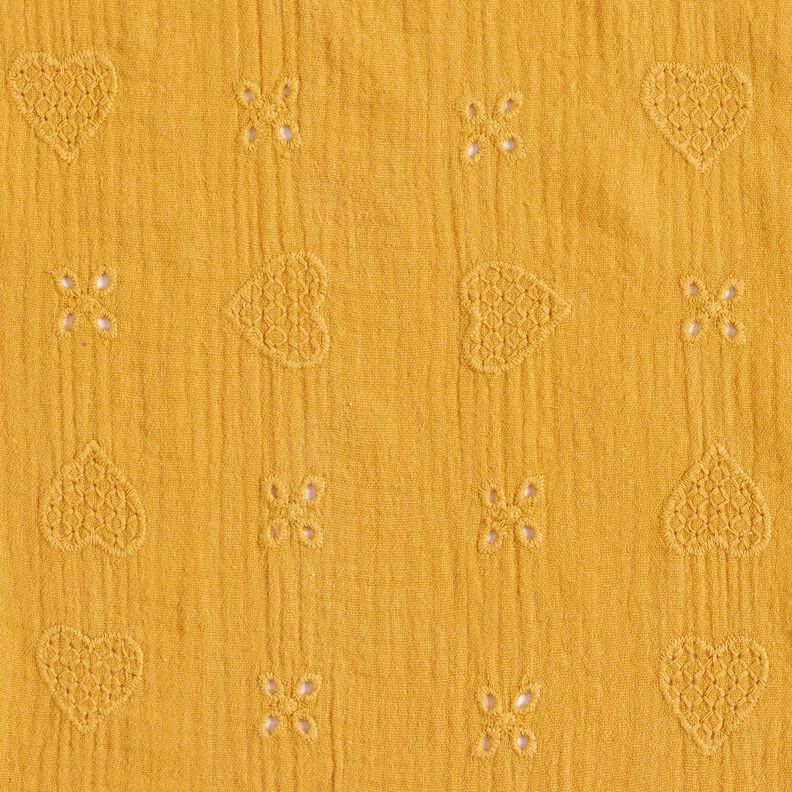 Musselina/ Tecido plissado duplo Bordado inglês Corações – amarelo-caril,  image number 1