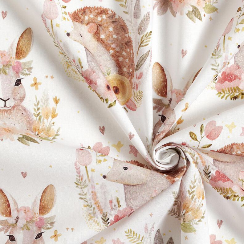 Popelina de algodão Lebre e ouriço num círculo de flores Impressão Digital – marfim,  image number 3