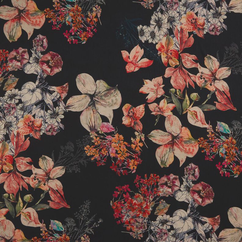 Crepe Chiffon Pintura floral – preto,  image number 1