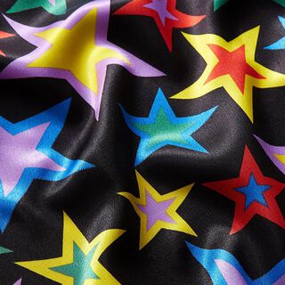 Cetim de poliéster Estrelas coloridas – preto, 