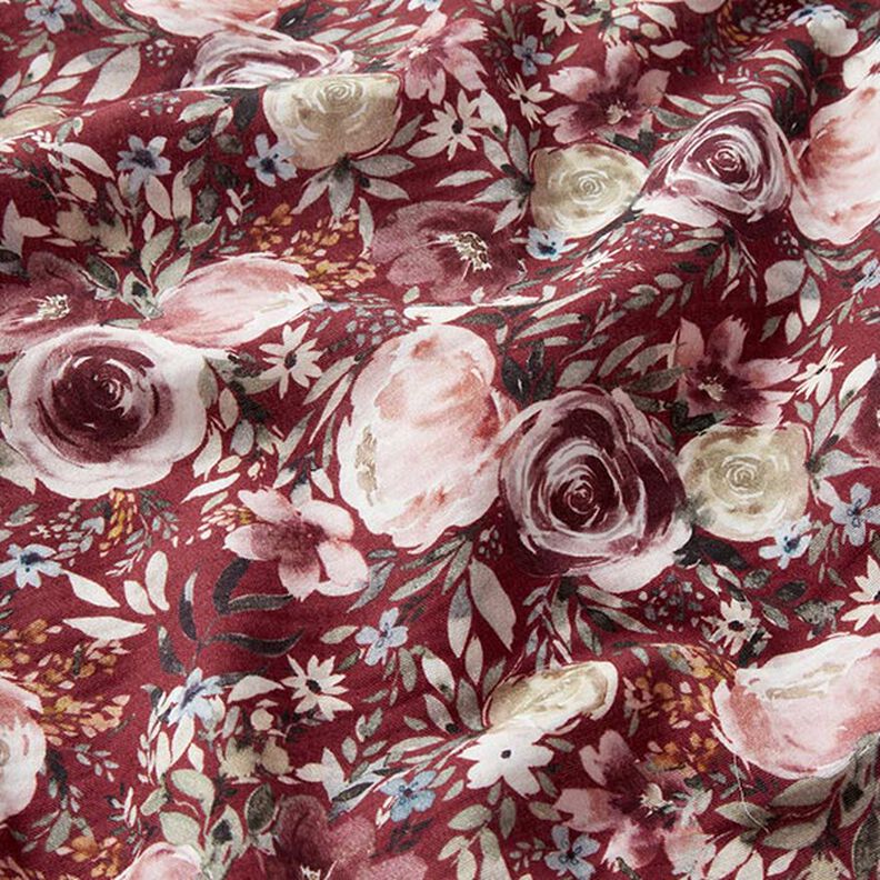 Musselina/ Tecido plissado duplo Rosas aguarela Impressão Digital – bordô,  image number 3