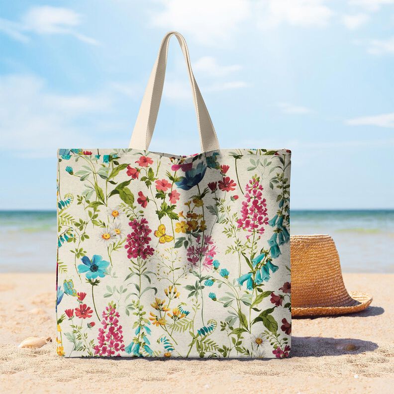 Tecido para decoração Meio linho Panamá Flores dos prados – natural/framboesa,  image number 10