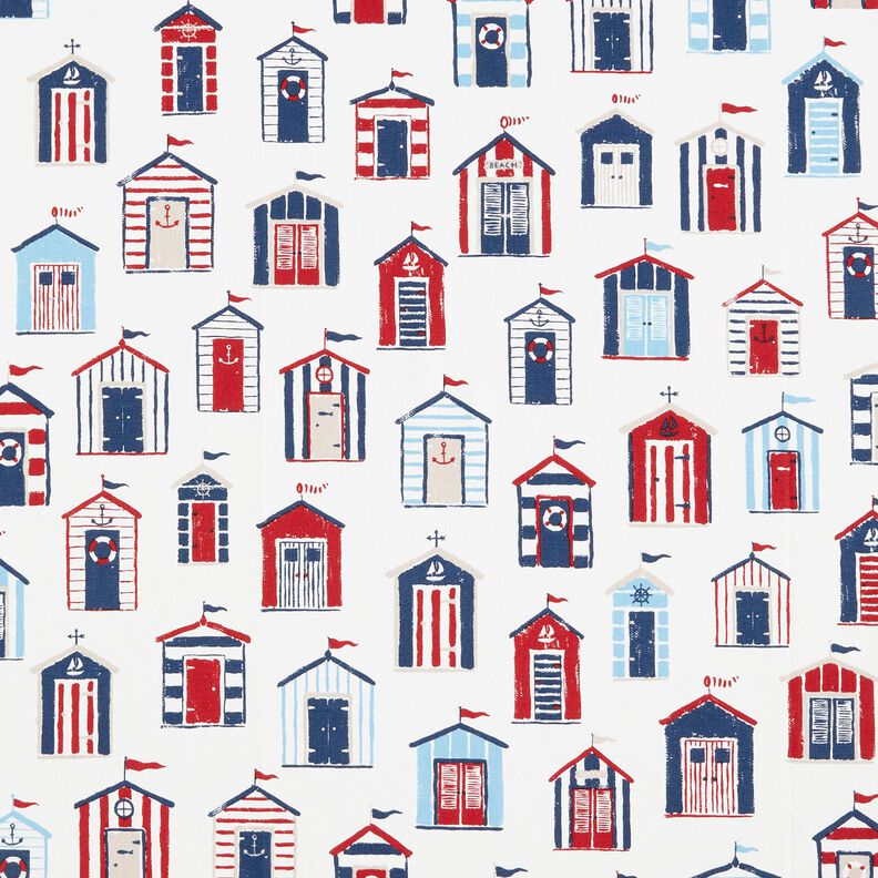 Tecido para decoração Meio linho Panamá Casas de praia – branco/azul-marinho,  image number 1