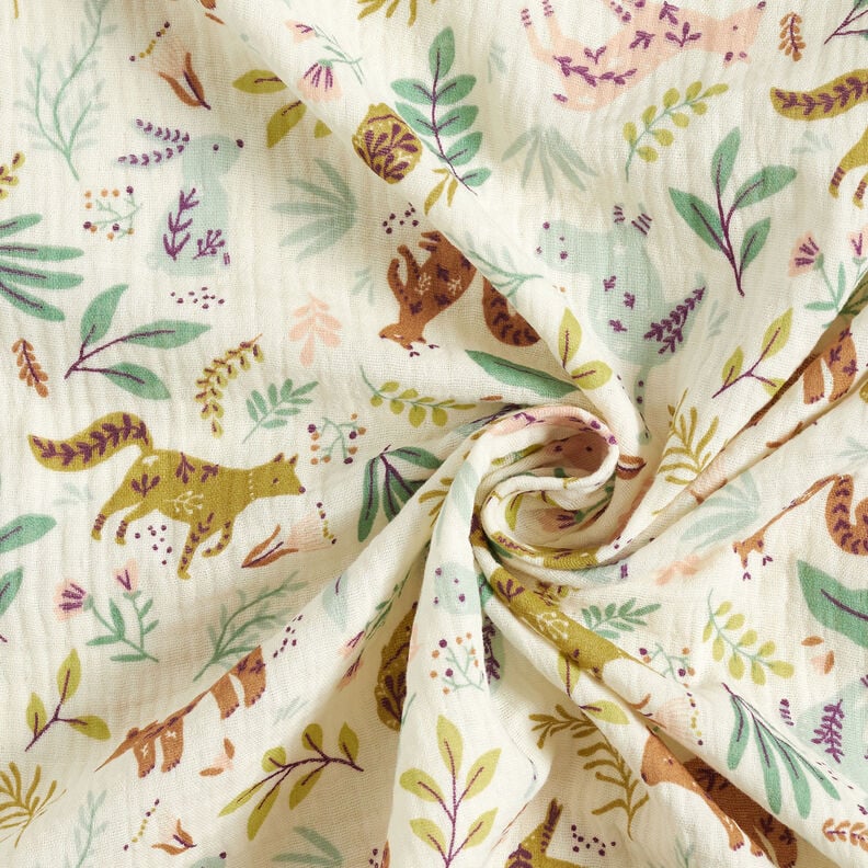 Musselina/ Tecido plissado duplo Animais da floresta Floral – branco sujo,  image number 3