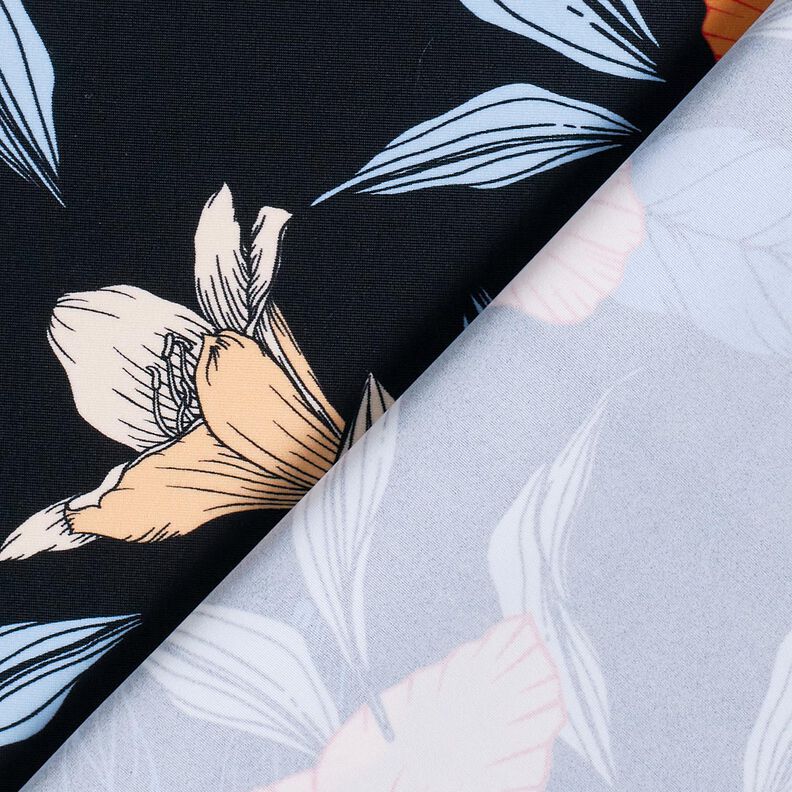 Tecido para fatos de banho Grandes flores de hibisco – preto azulado/damasco,  image number 4