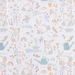 Popelina de algodão Coelhinhos no prado – branco/amêndoa, 