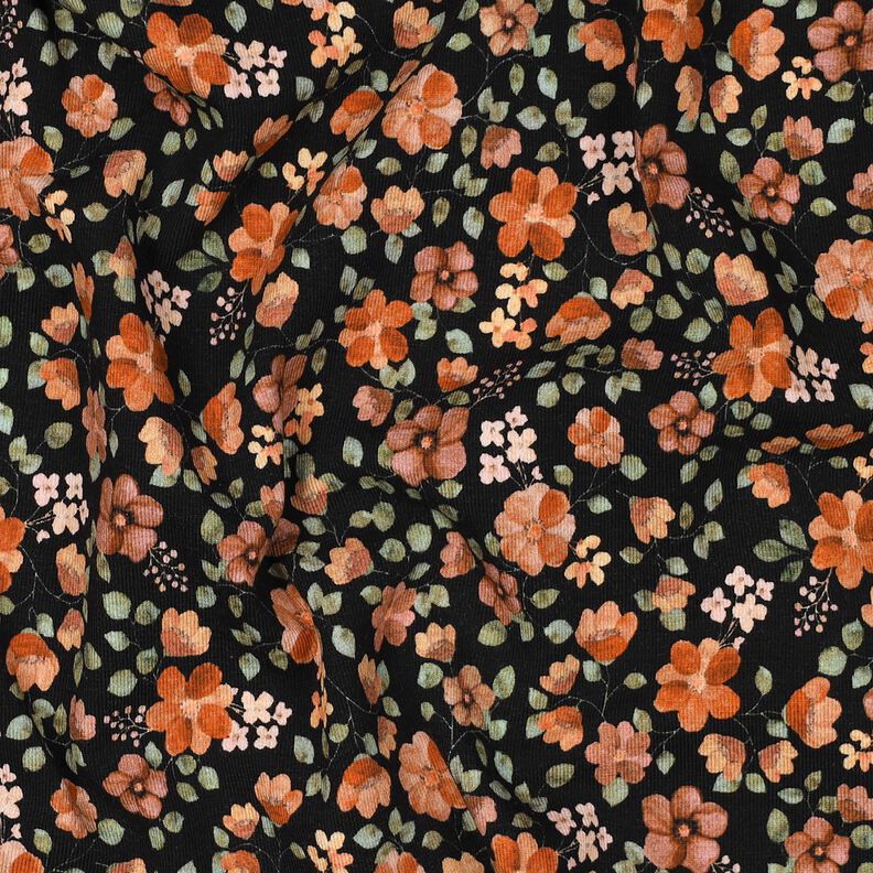GOTS Jersey de algodão Flores de outono Impressão Digital – preto/laranja-pêssego,  image number 2