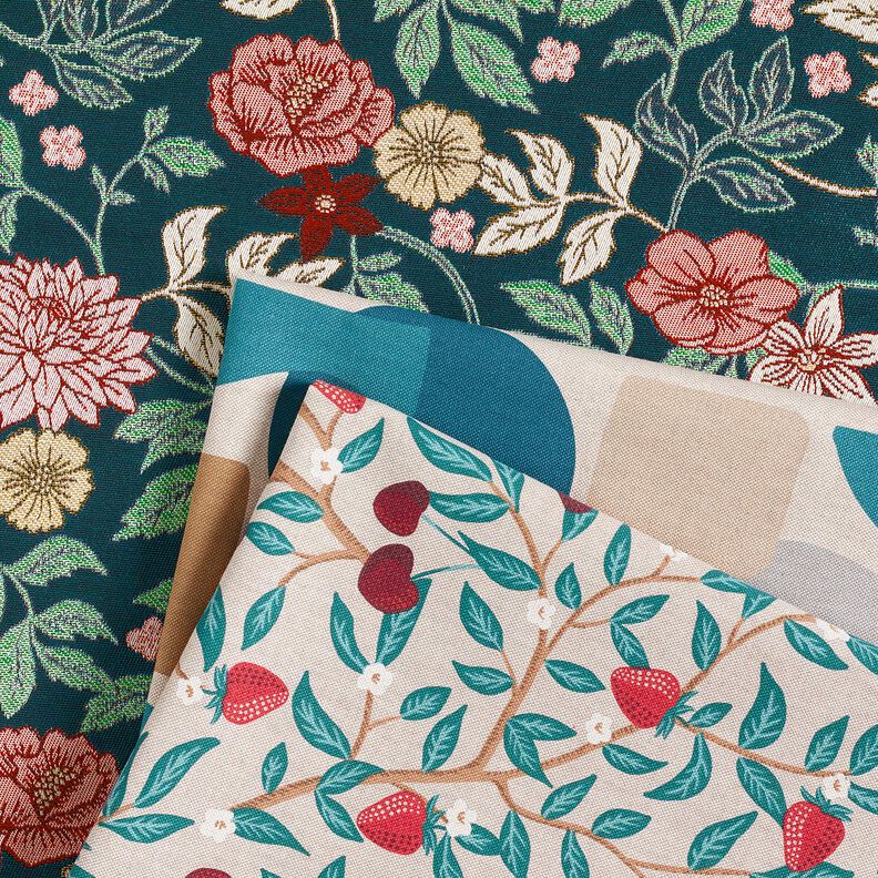 Tecido para decoração Jacquard Flores vintage – azul petróleo/vermelho escuro,  image number 5